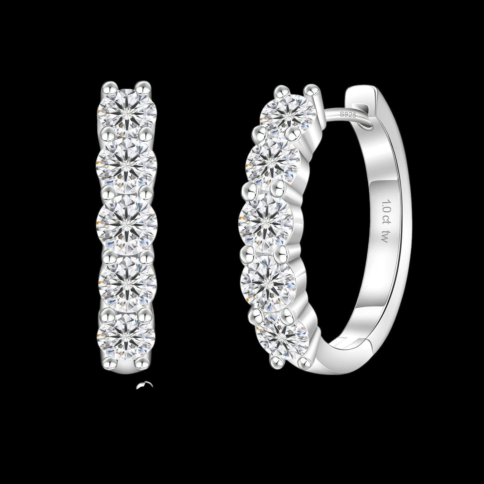 Petey's jewelry sterling silver huggie hoop earrings featuring five round brilliant cut VVS moissanite stones.