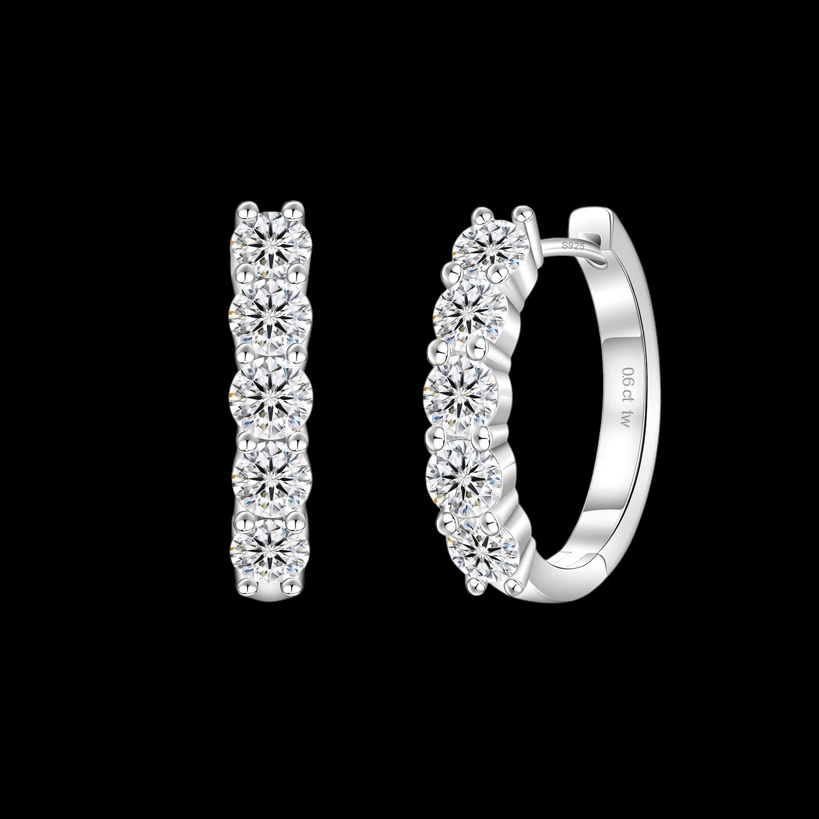Petey's jewelry sterling silver huggie hoop earrings featuring round brilliant cut VVS moissanite stones in claw setting