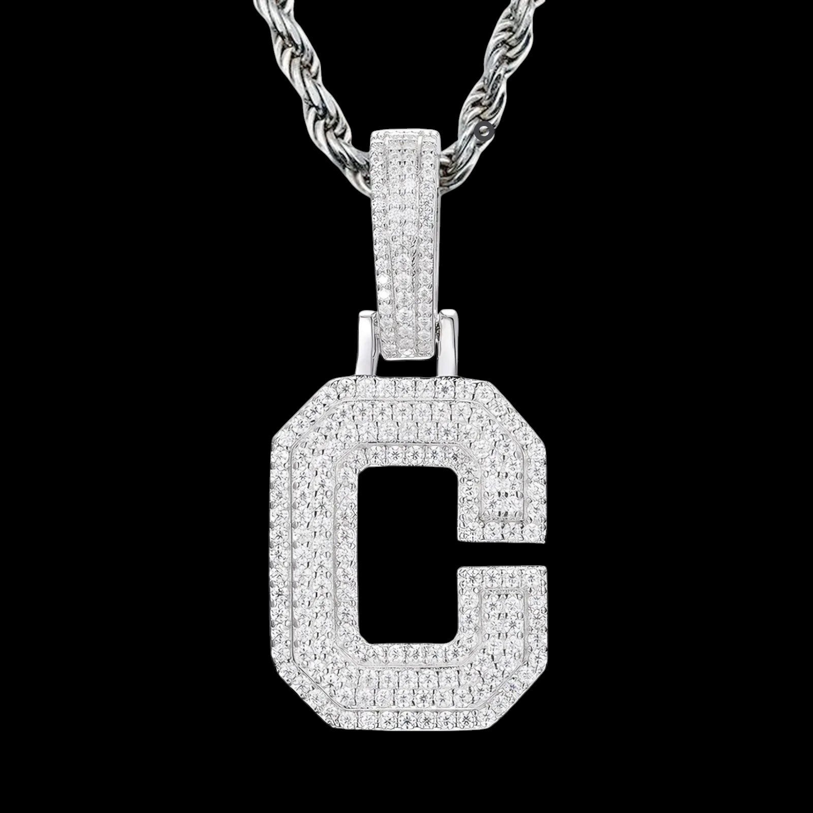 Petey's jewelry iced out letter C pendant necklace in 925 sterling silver with sparkling moissanite stones
