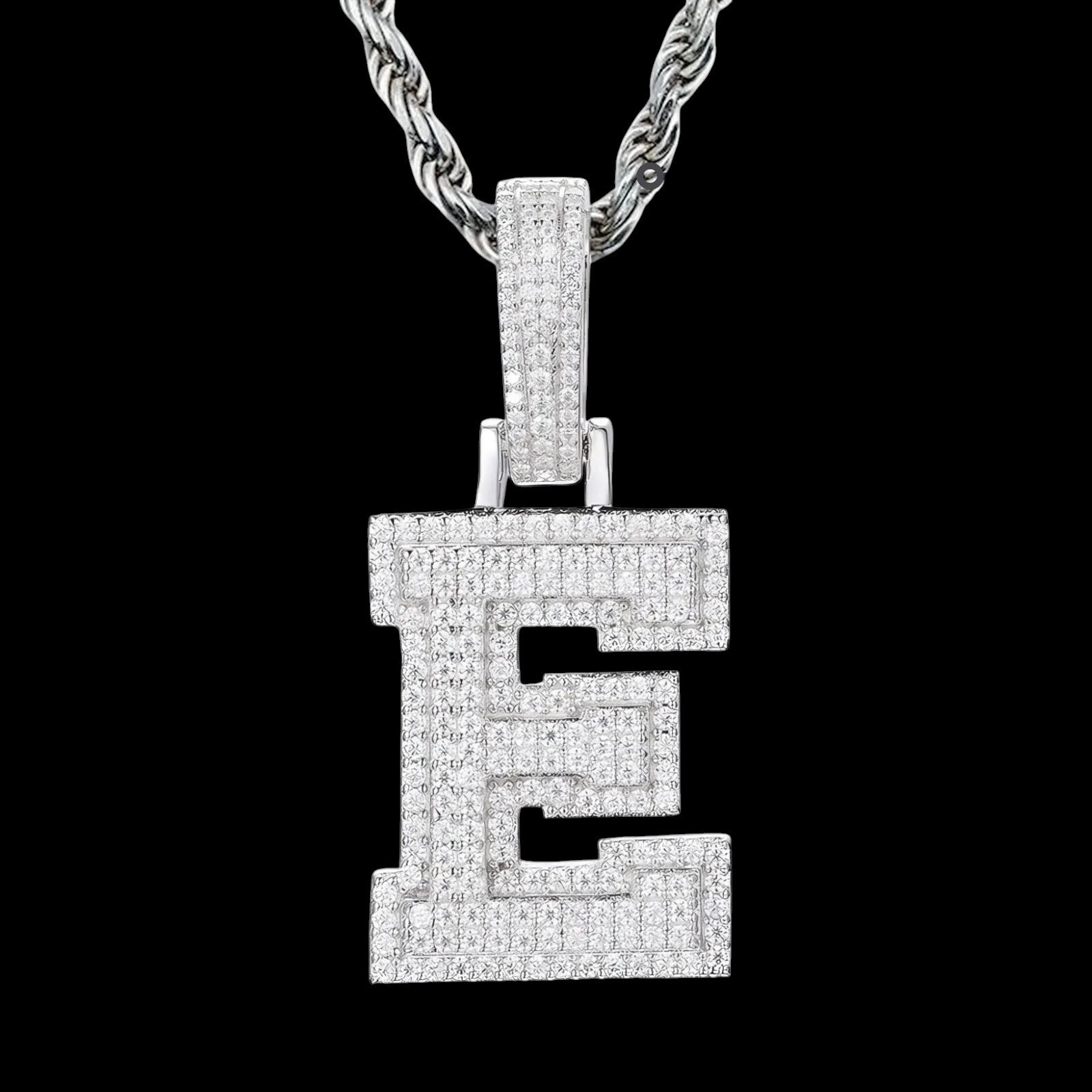 Petey's jewelry iced out letter E pendant necklace in 925 sterling silver with sparkling moissanite stones.