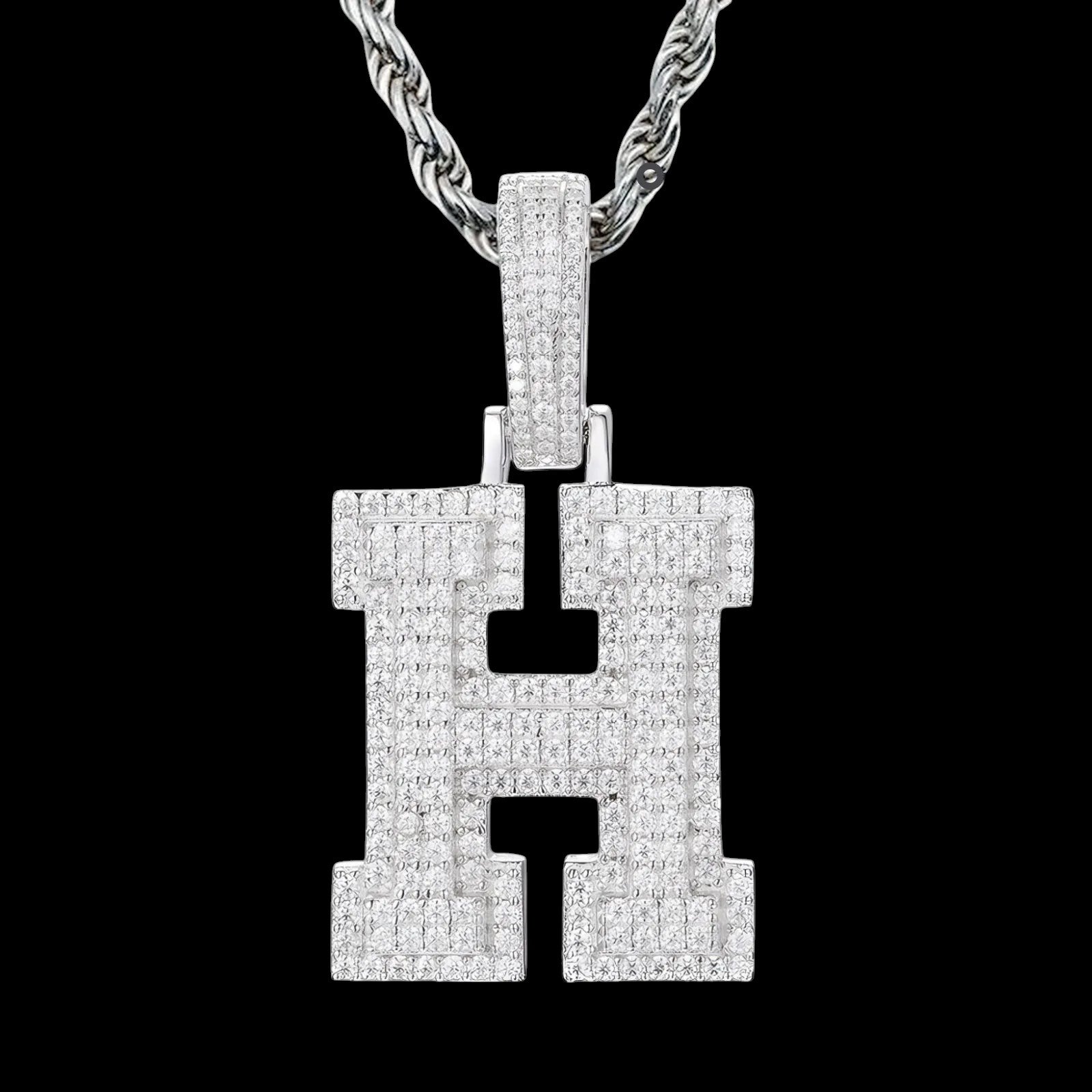 Petey's jewelry iced out letter H pendant necklace in sterling silver with sparkling moissanite stones.