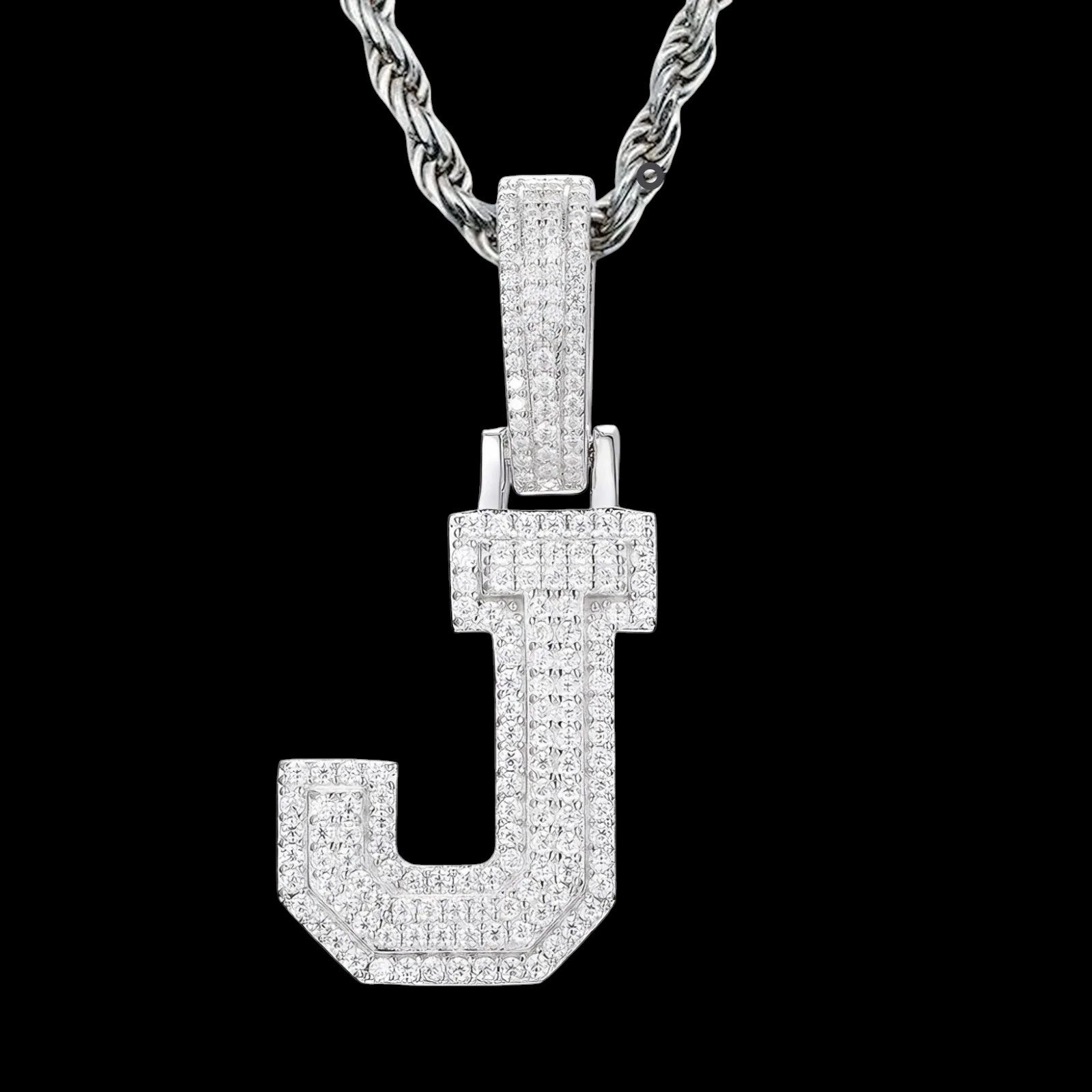 Petey's jewelry iced out letter J pendant necklace in 925 sterling silver with sparkling moissanite stones