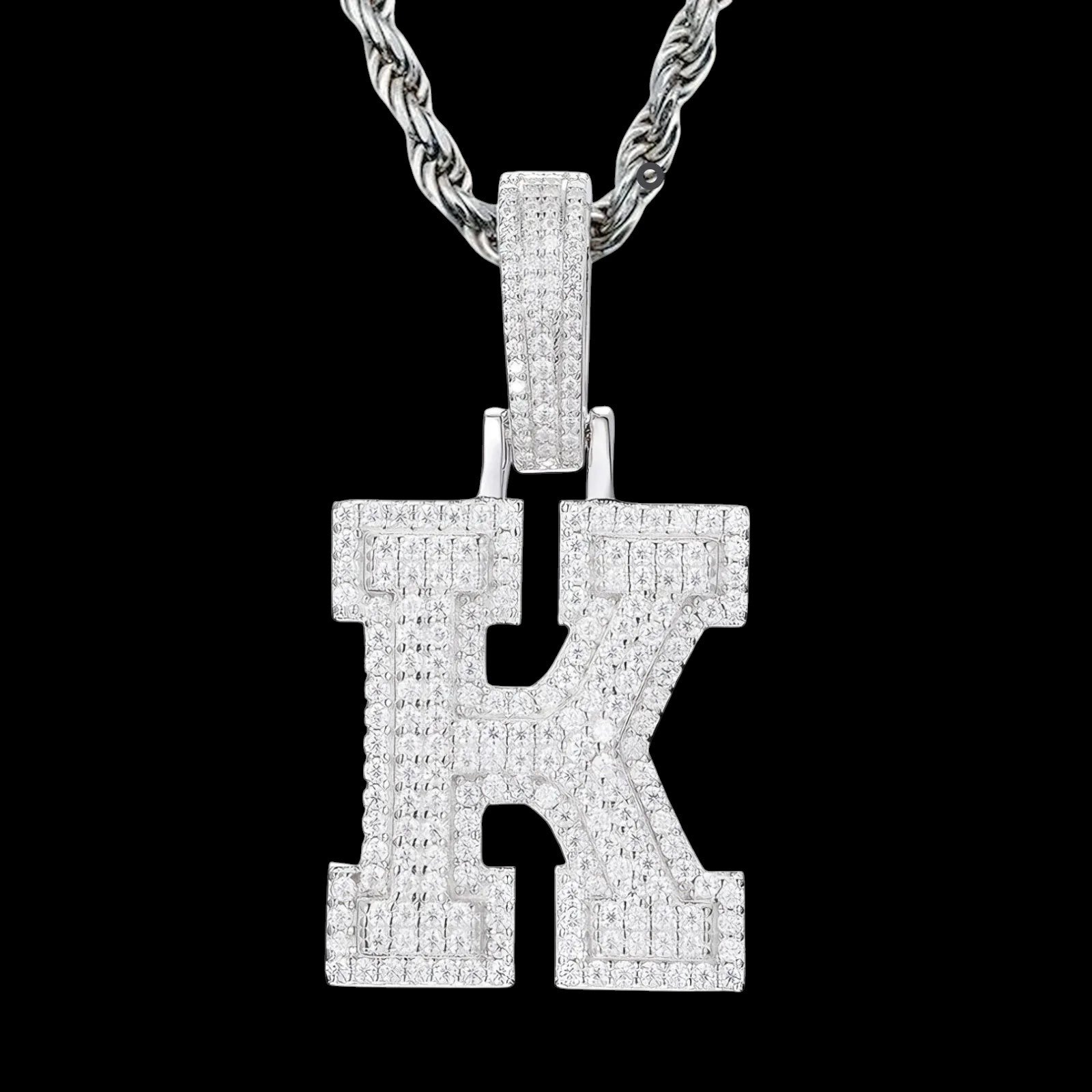 Petey's jewelry iced out letter K pendant necklace in 925 sterling silver with sparkling moissanite stones.