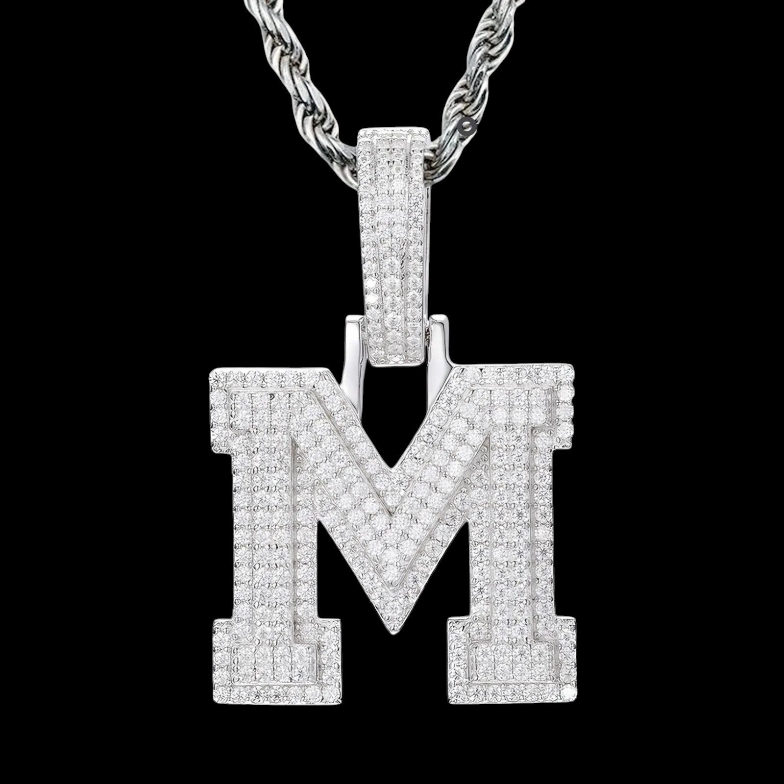 Petey's jewelry iced out letter M pendant necklace in 925 sterling silver with sparkling moissanite stones