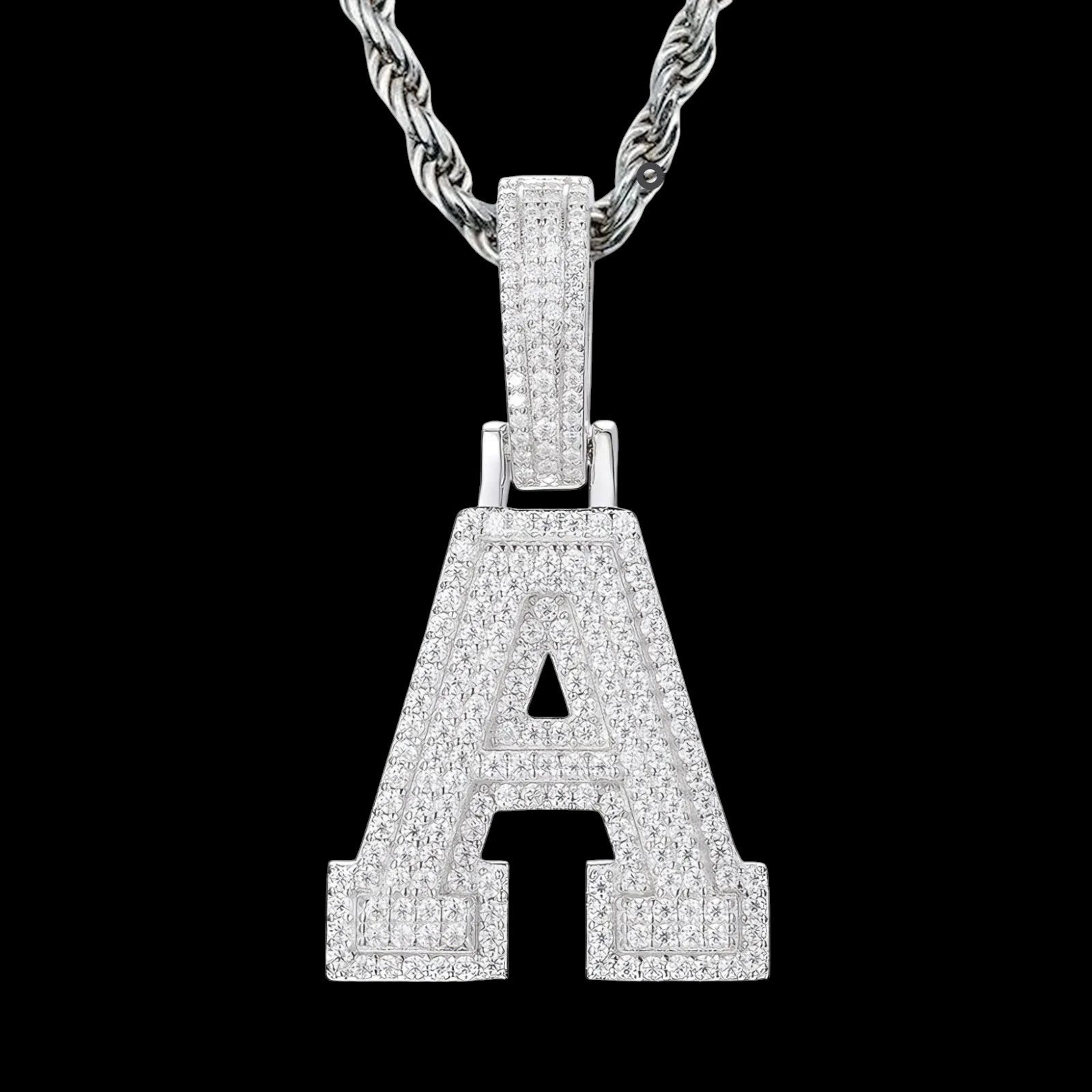 Petey's jewelry iced out letter A pendant necklace in 925 sterling silver with sparkling moissanite stones.