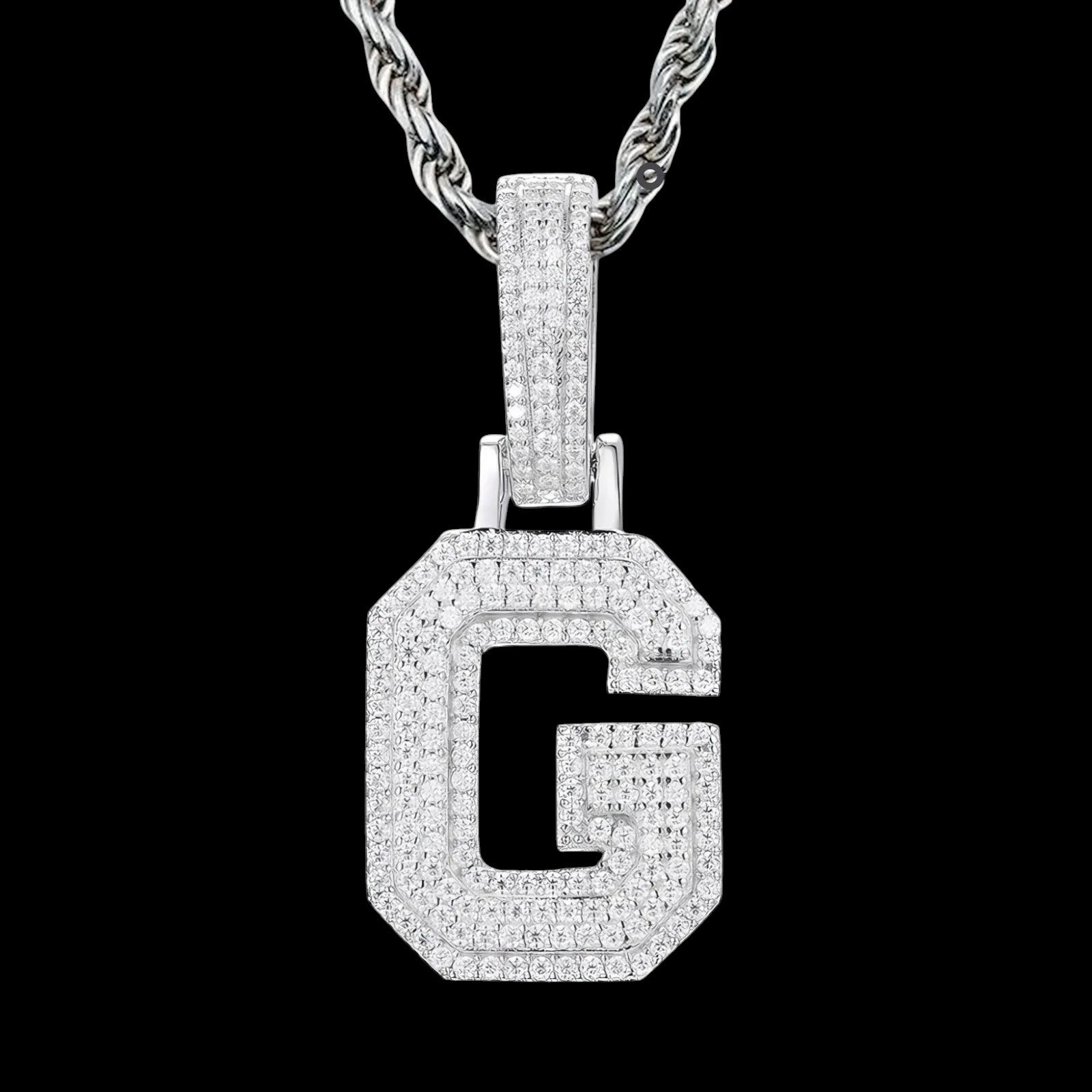Petey's jewelry iced out letter G pendant necklace in 925 sterling silver with sparkling moissanite stones