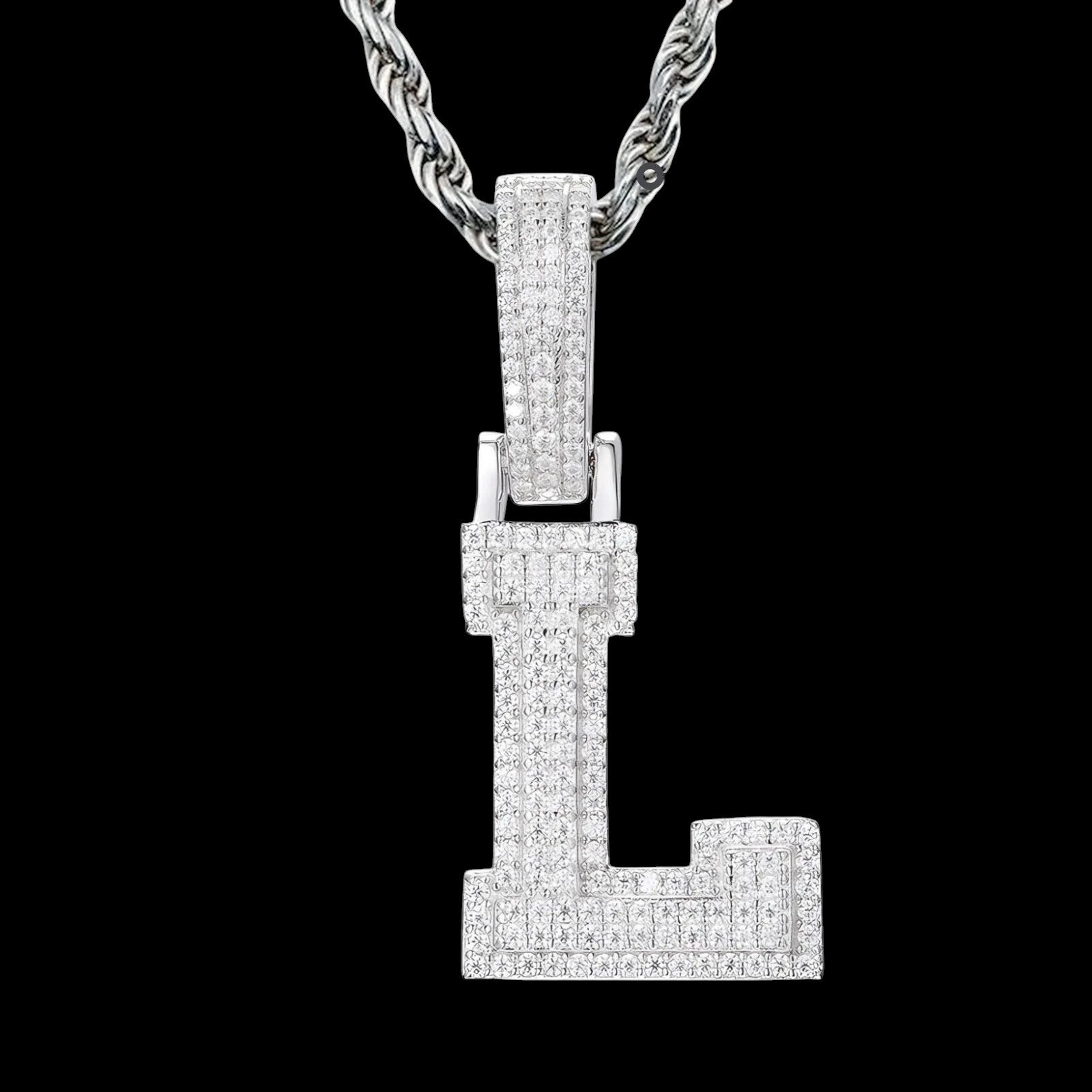 Petey's jewelry iced out letter L pendant necklace in 925 sterling silver with sparkling moissanite stones.