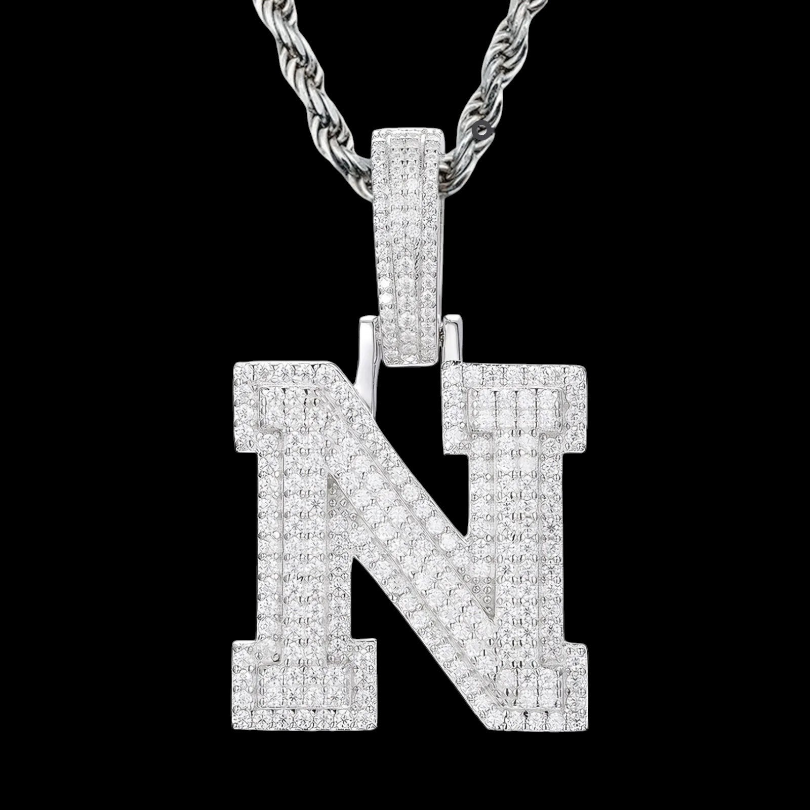 Petey's jewelry iced out letter N pendant in 925 sterling silver with sparkling moissanite stones on a rope chain.