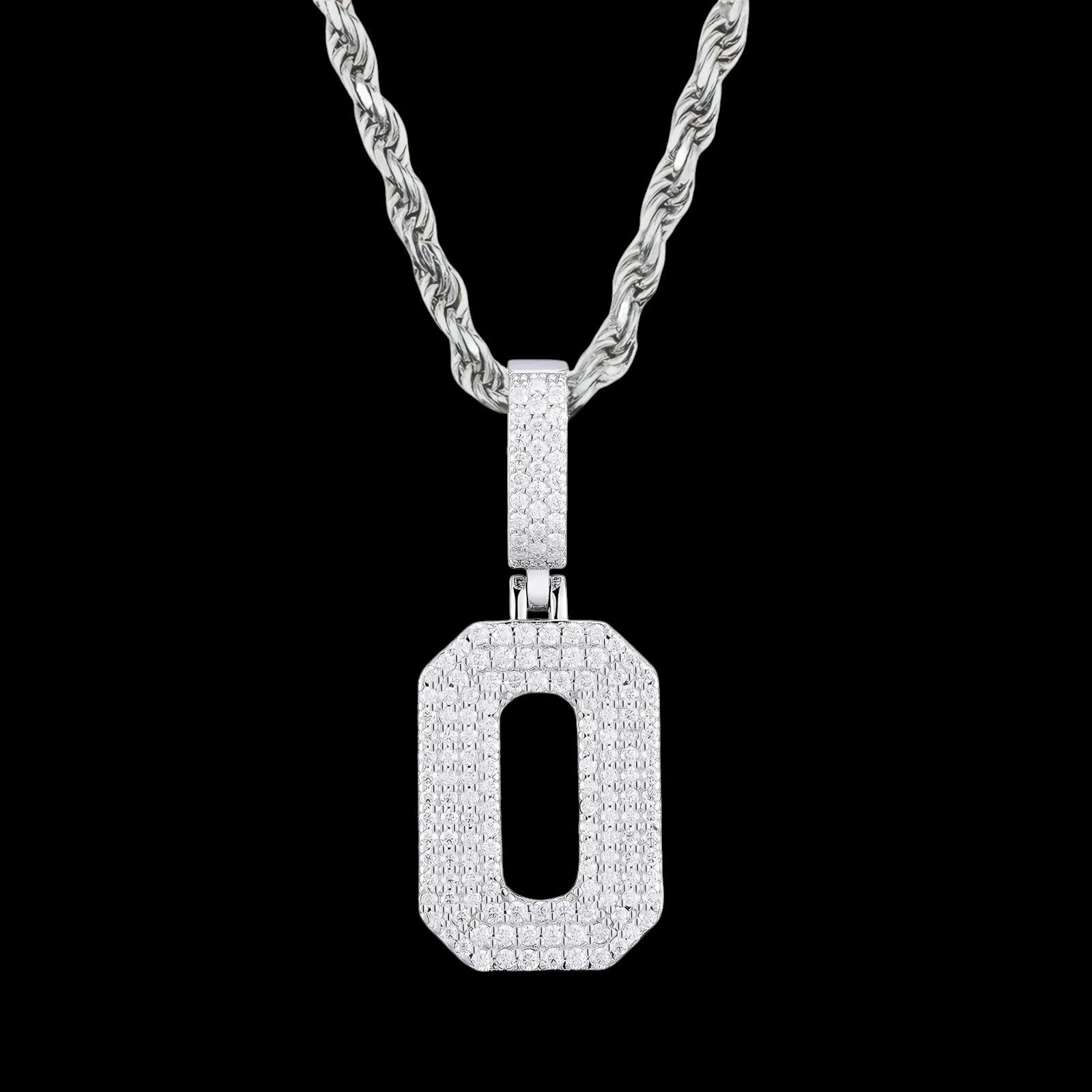 Petey's jewelry iced out letter O pendant necklace in 925 sterling silver with moissanite stones on a rope chain.