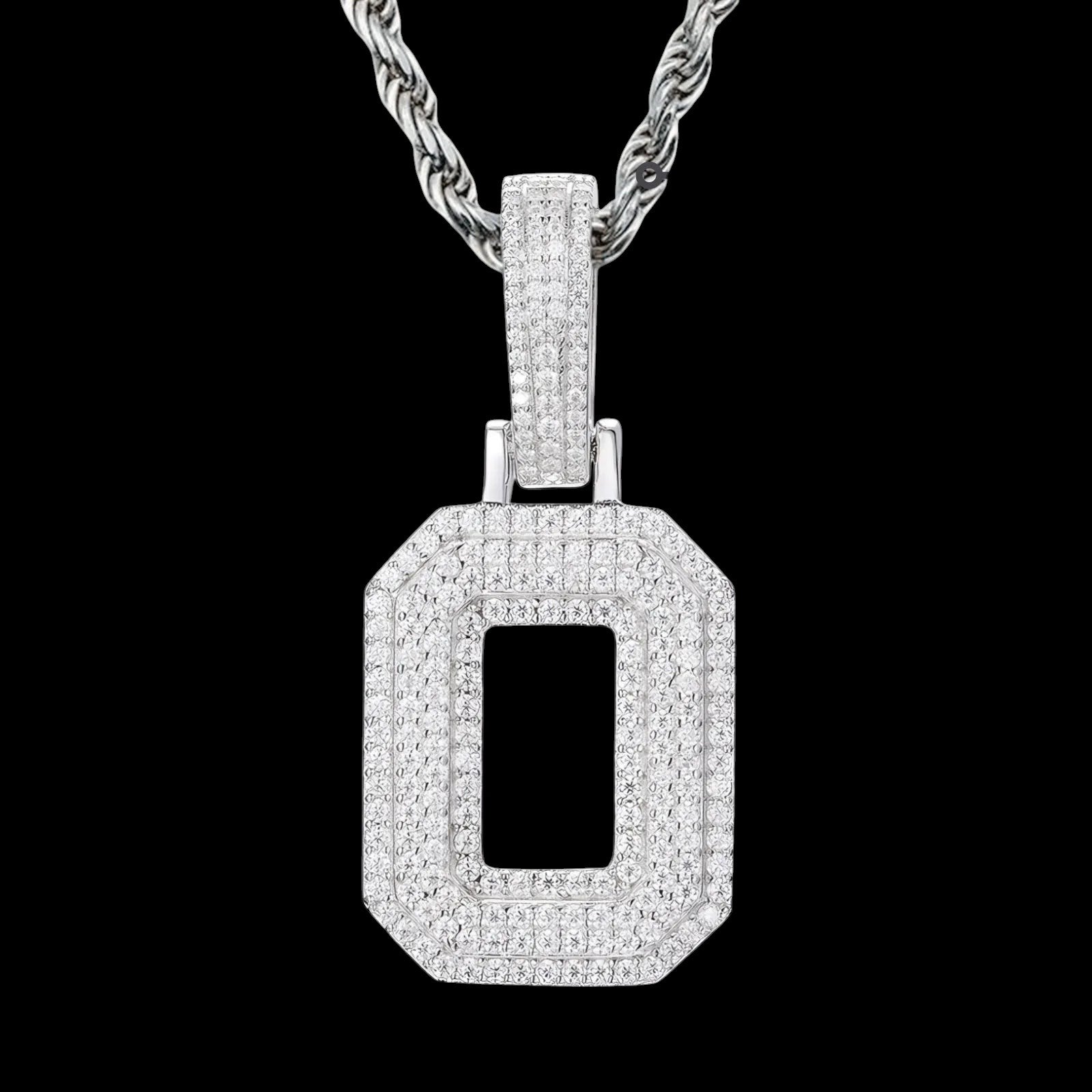 Petey's jewelry iced out letter O pendant in 925 sterling silver with sparkling moissanite stones on a rope chain.