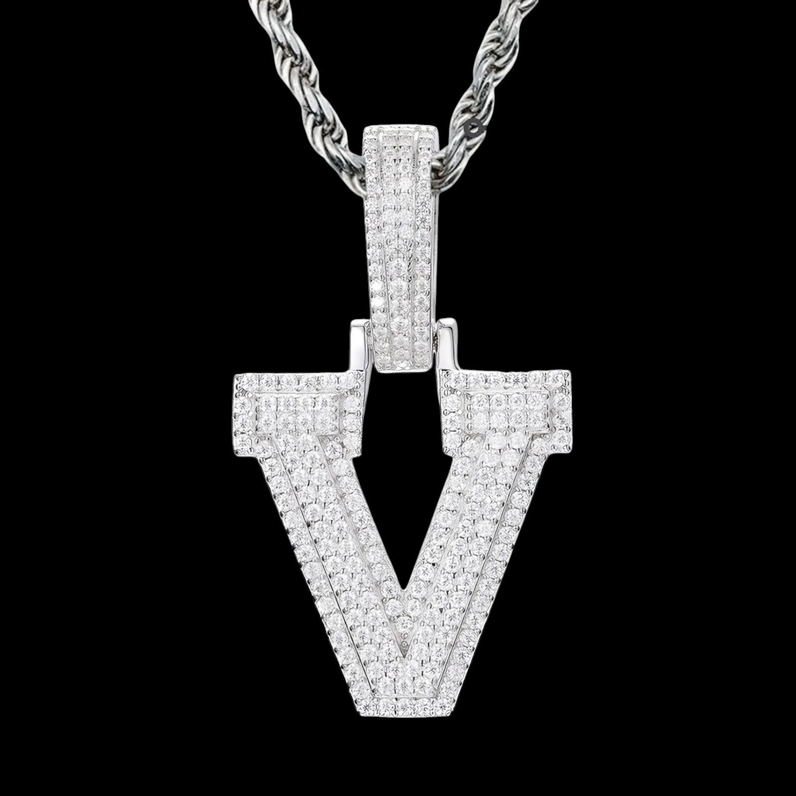 Petey's jewelry iced out letter V pendant necklace in 925 sterling silver with sparkling moissanite stones