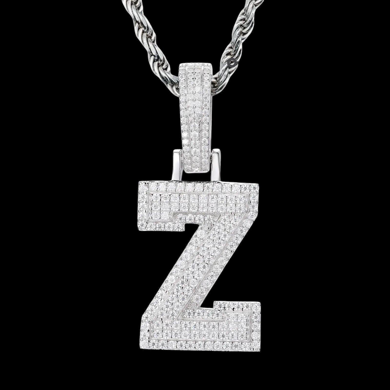 Petey's jewelry iced out letter Z pendant necklace in 925 sterling silver with sparkling moissanite stones