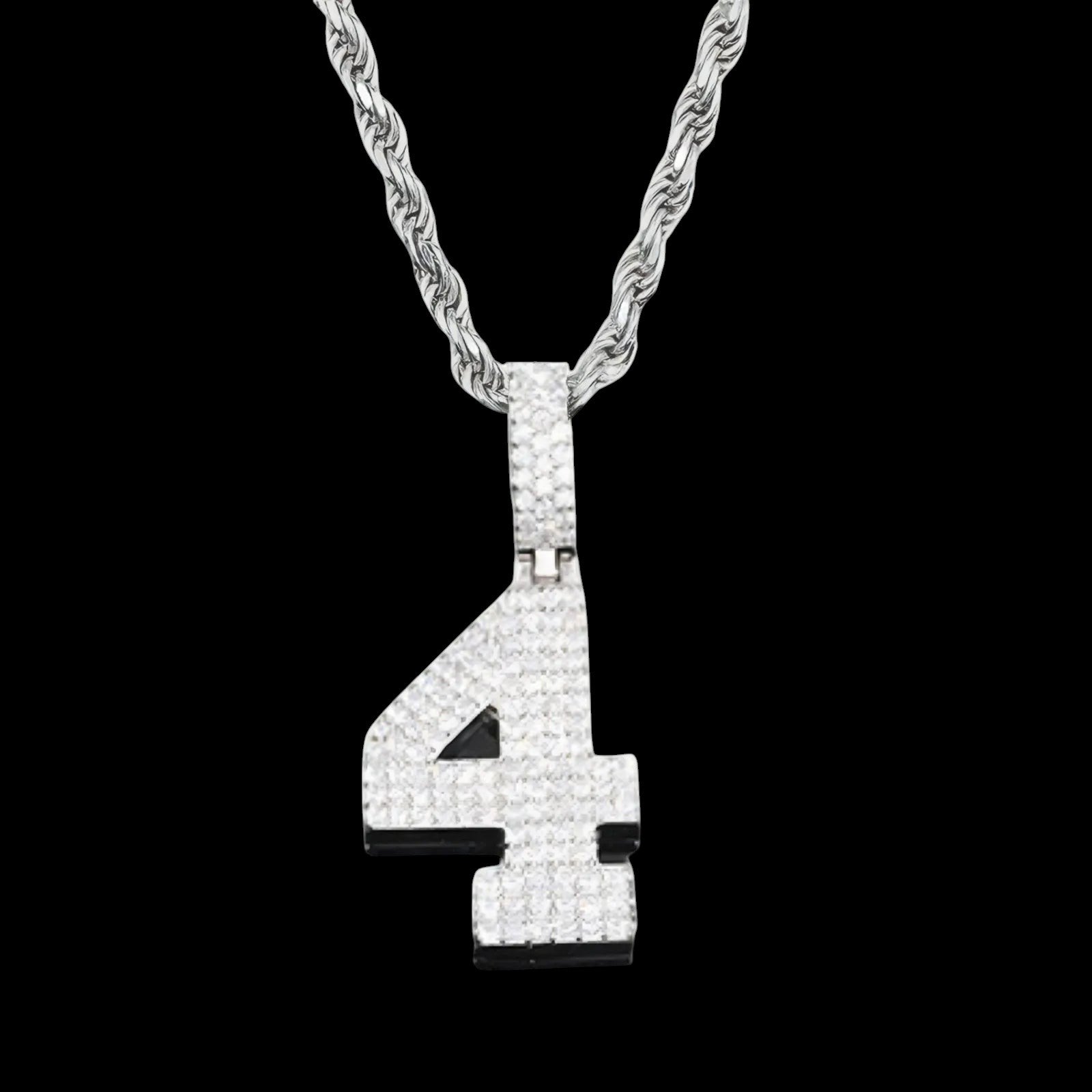 Petey's jewelry iced out number 4 pendant necklace in 925 sterling silver with sparkling moissanite stones.