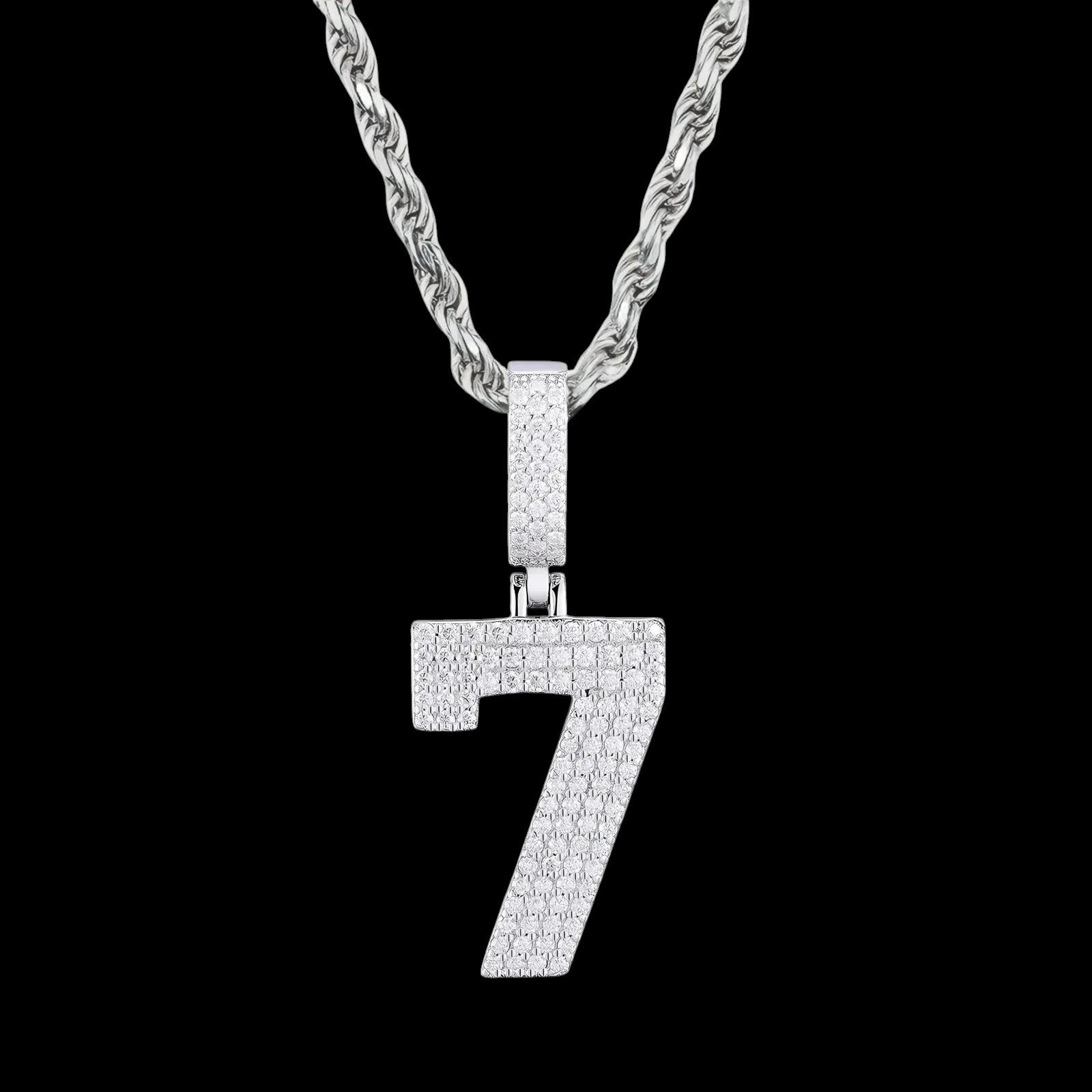 Petey's jewelry iced out number 7 pendant necklace in 925 sterling silver with sparkling moissanite stones