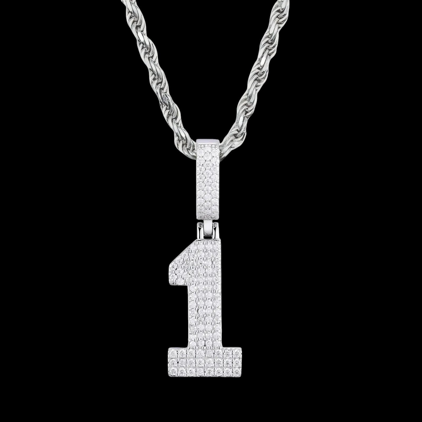 Petey's jewelry iced out number 1 pendant necklace in 925 sterling silver with sparkling moissanite stones