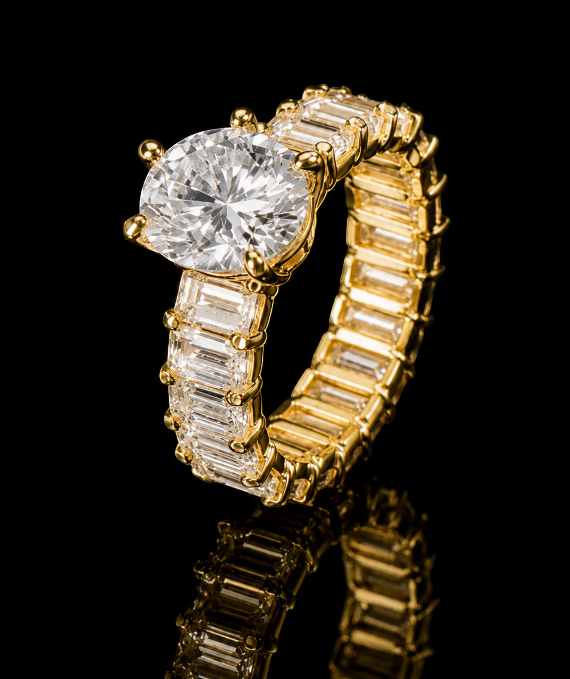 Petey's jewelry luxury women's 925 silver ring with VVS moissanite, round cut center stone and baguette side stones.