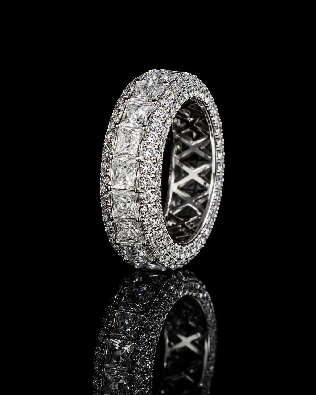 Petey's jewelry luxury women's full diamond moissanite ring with princess and round cut stones in 925 silver.