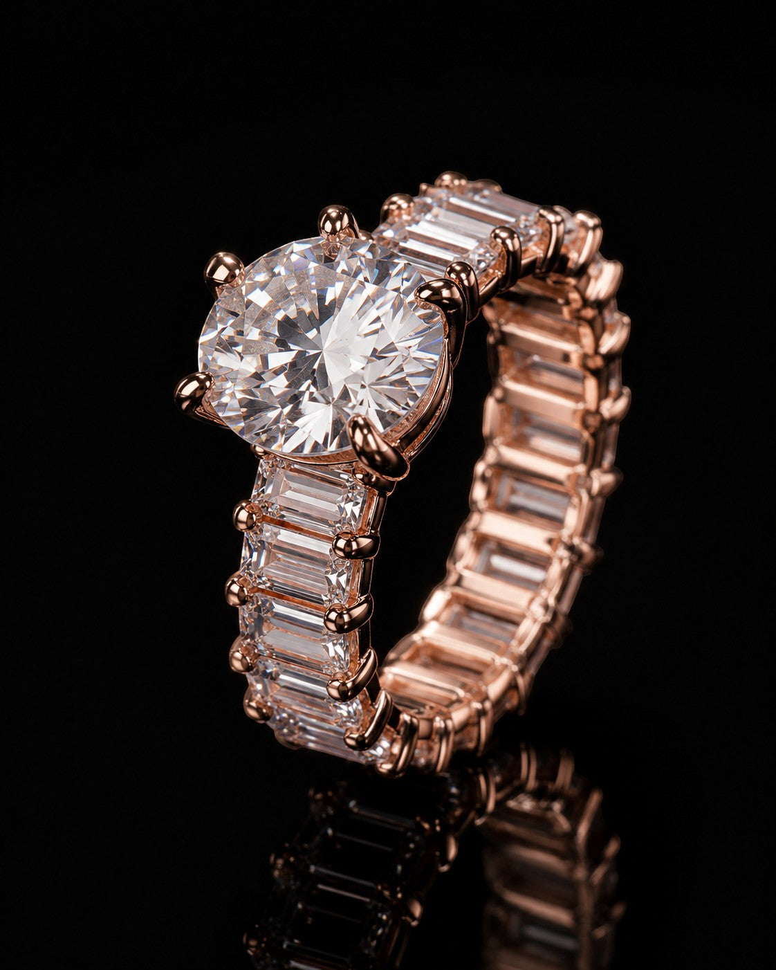Petey's jewelry rose gold ring with large oval moissanite center stone and baguette moissanite band.