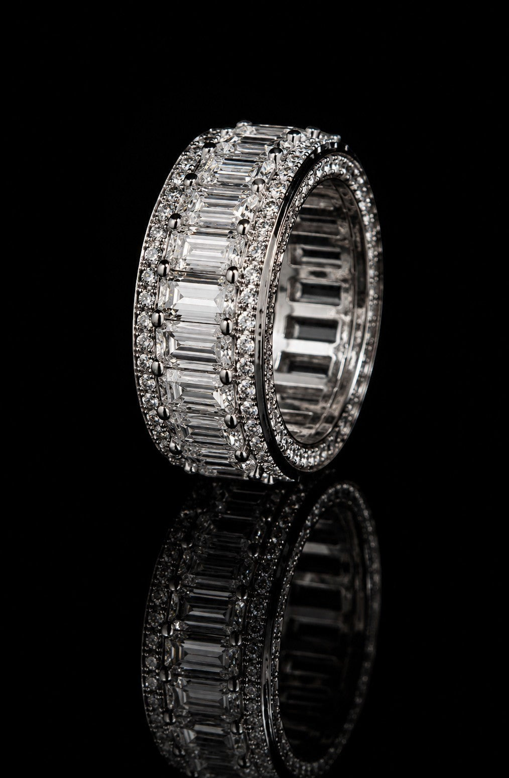 Petey's jewelry luxury women's full diamond baguette and round moissanite engagement ring in 925 silver.