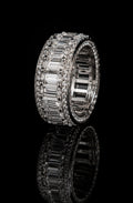 Petey's jewelry luxury women's full diamond baguette and round moissanite engagement ring in 925 silver.