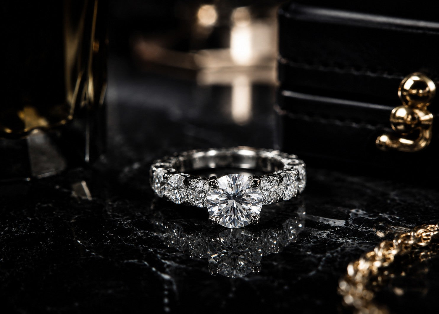 Petey's jewelry luxurious women's 925 silver ring with VVS moissanite stones, round brilliant cut center stone, full diamond band.