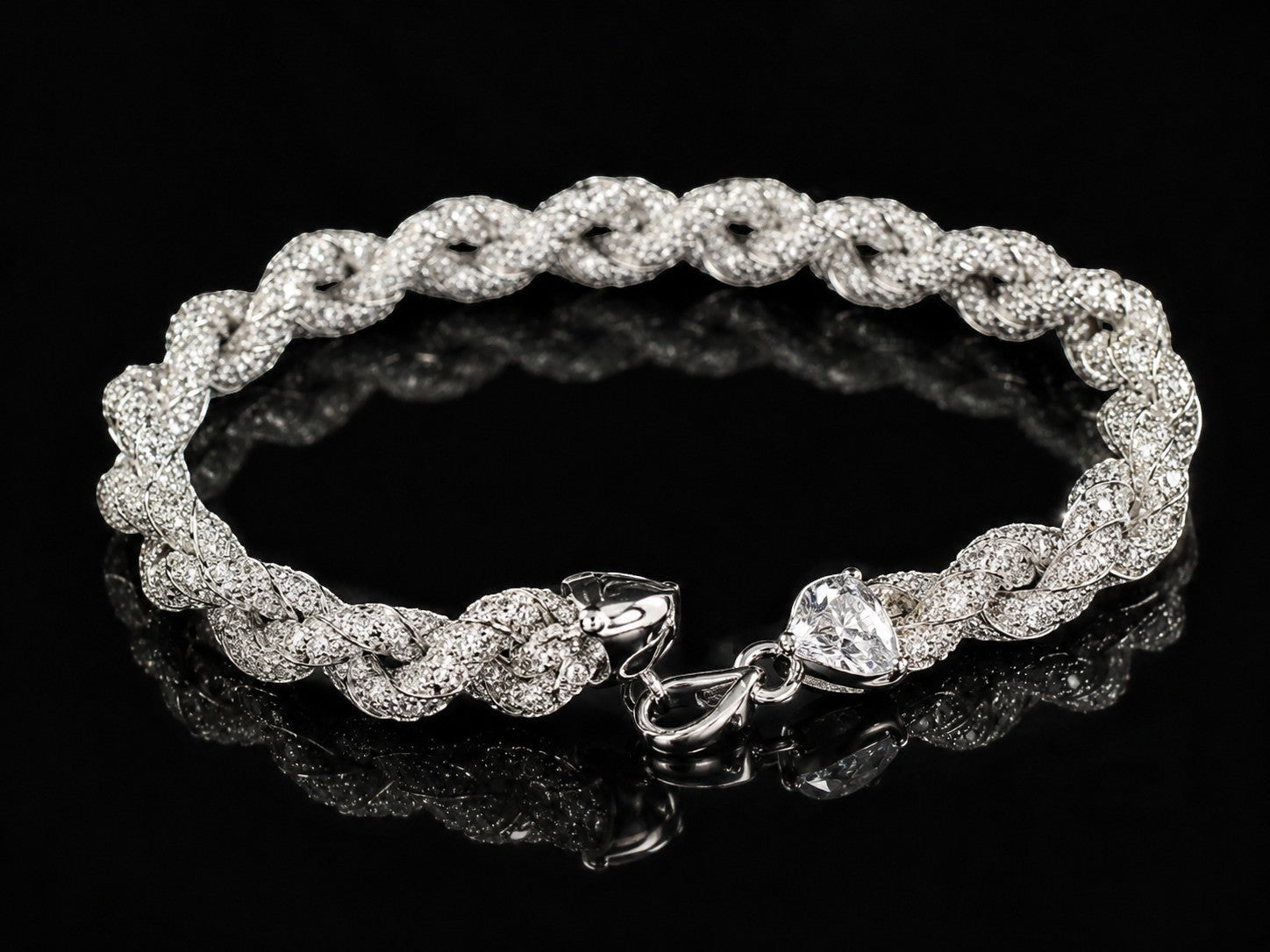Petey's jewelry iced out moissanite rope chain bracelet in 925 sterling silver with a heart-shaped clasp