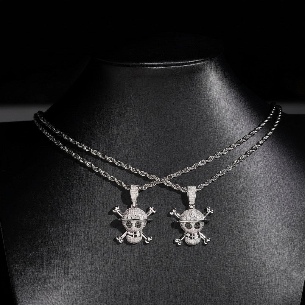 Petey's jewelry iced out skull and crossbones moissanite pendant in 925 sterling silver on a rope chain.