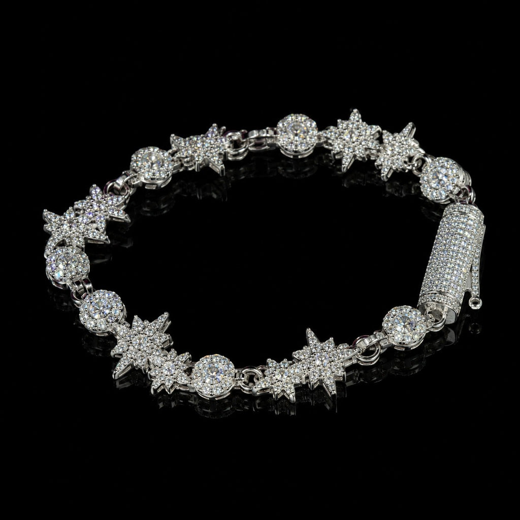 Petey's jewelry sterling silver bracelet featuring alternating round and star-shaped links iced with VVS moissanite.