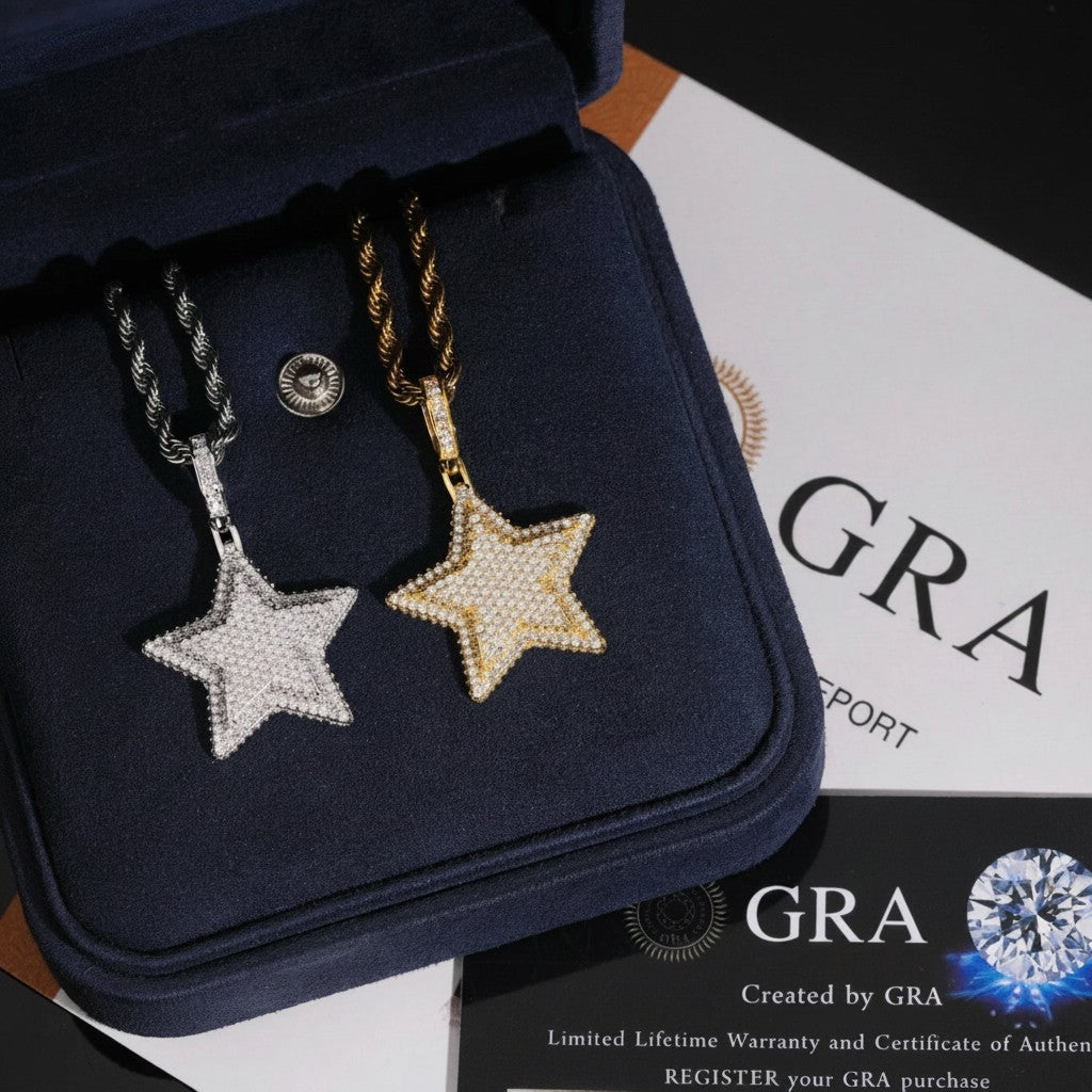 Petey's jewelry hiphop star pendants in silver and gold with VVS moissanite stones, presented in a luxury gift box.