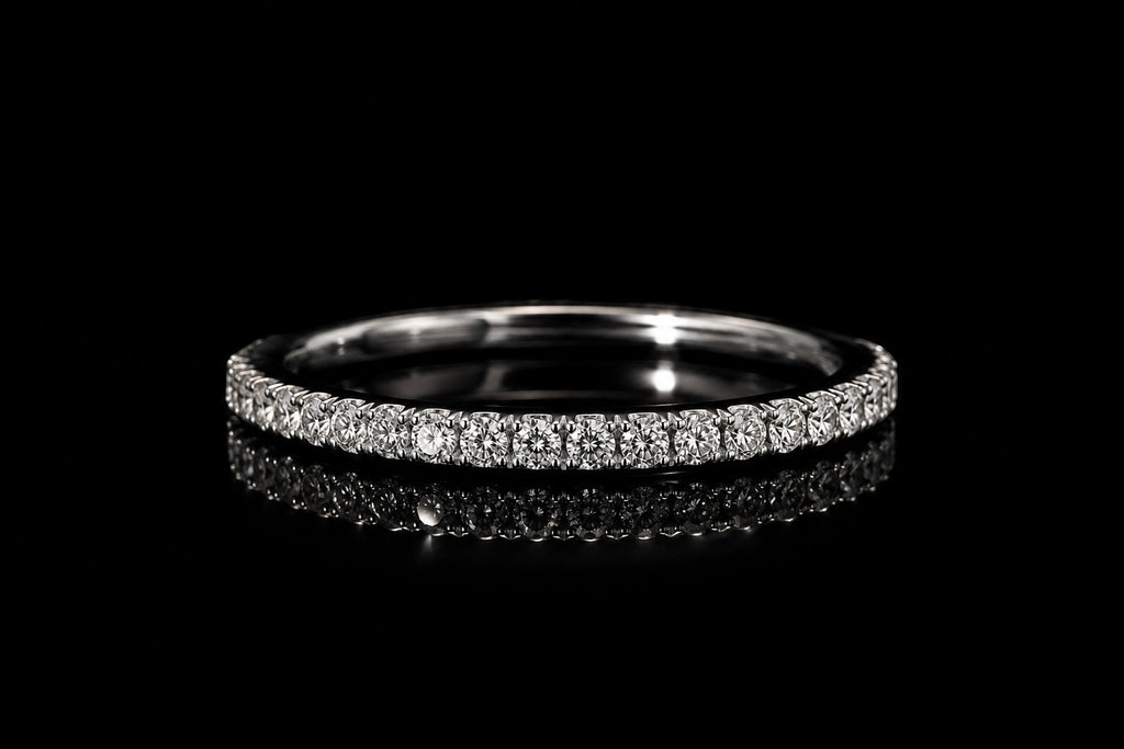 Petey's jewelry minimalist 925 sterling silver stackable band ring featuring round brilliant cut VVS1 moissanite stones
