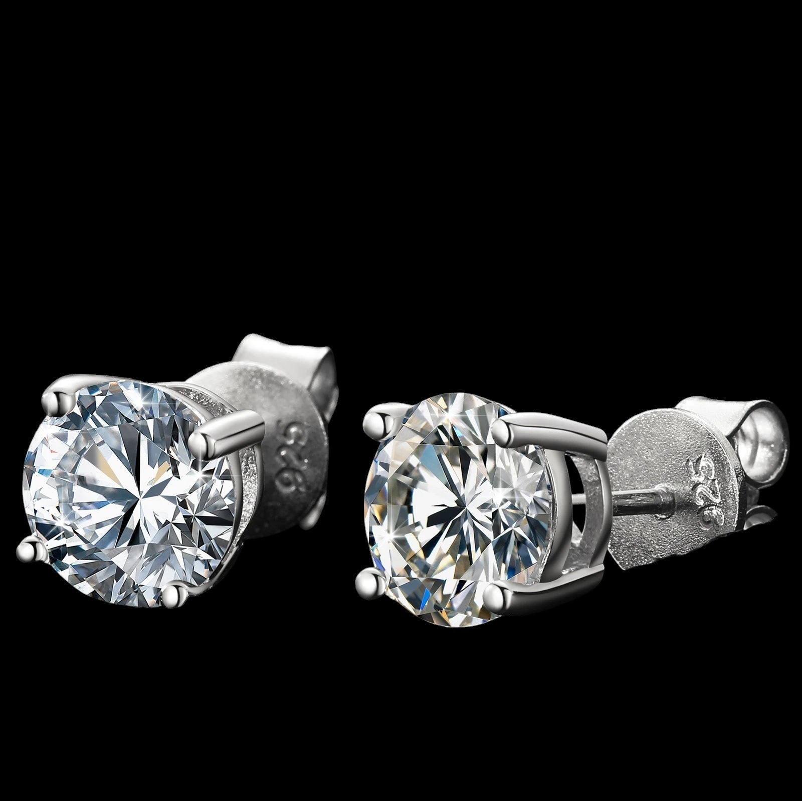 Petey's jewelry round brilliant cut VVS moissanite stud earrings in 925 sterling silver with a claw setting.