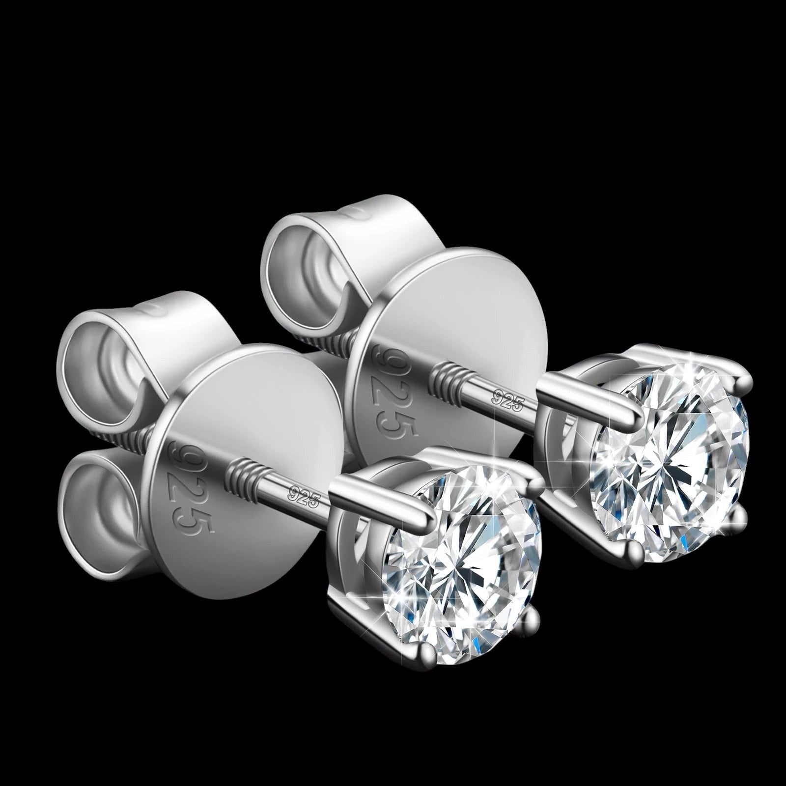 Petey's jewelry round brilliant cut moissanite stud earrings in 925 sterling silver with secure screw backs.