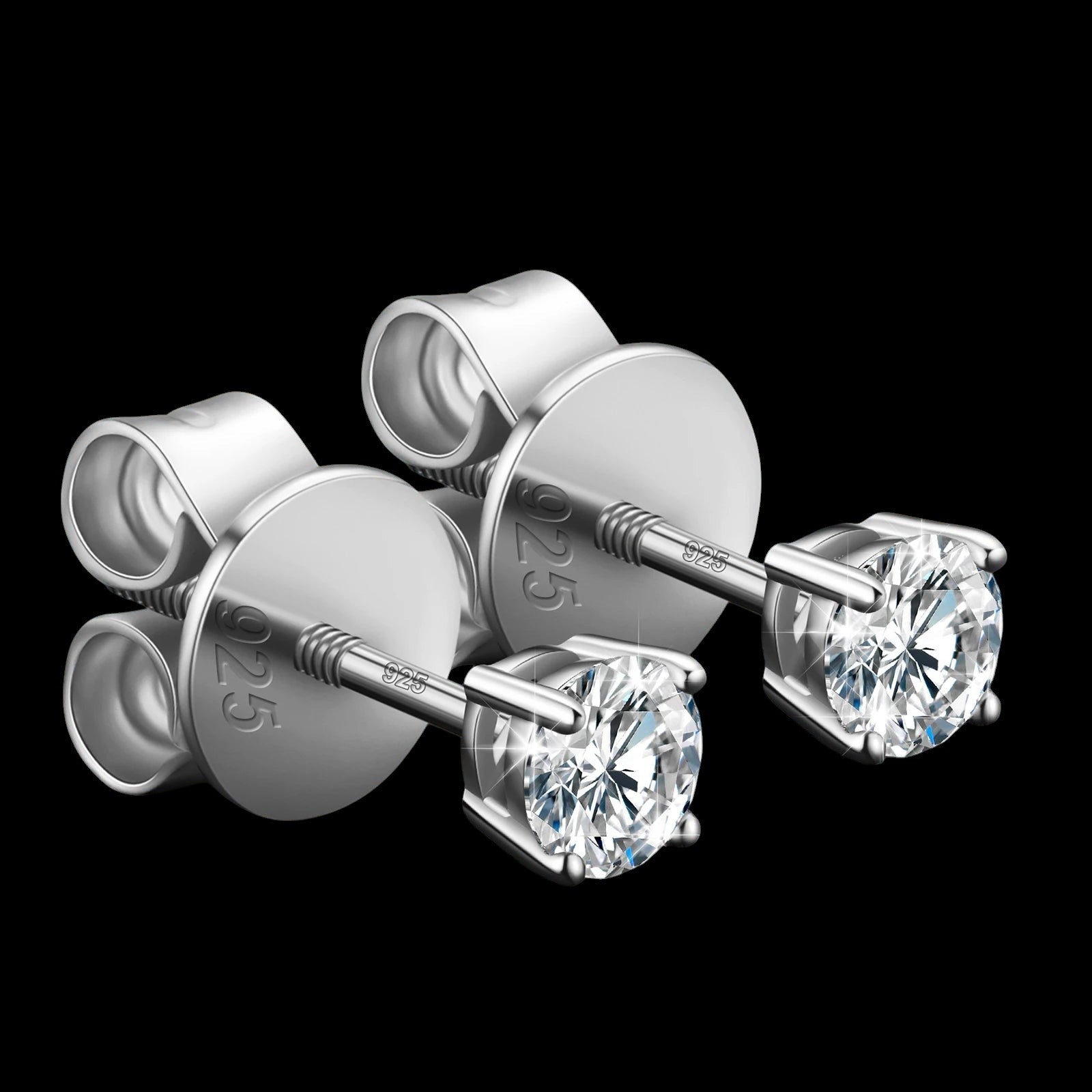 Petey's jewelry round brilliant cut VVS moissanite stud earrings in 925 sterling silver with secure screw backs