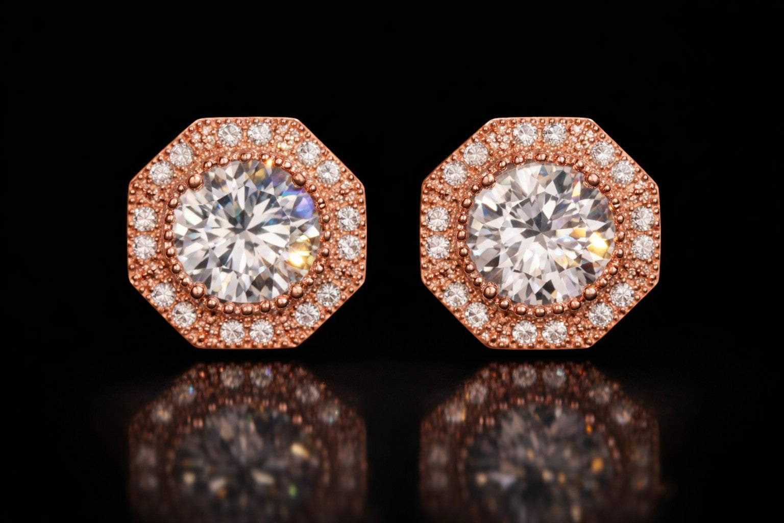 Petey's jewelry rose gold plated sterling silver stud earrings featuring round brilliant cut moissanite stones