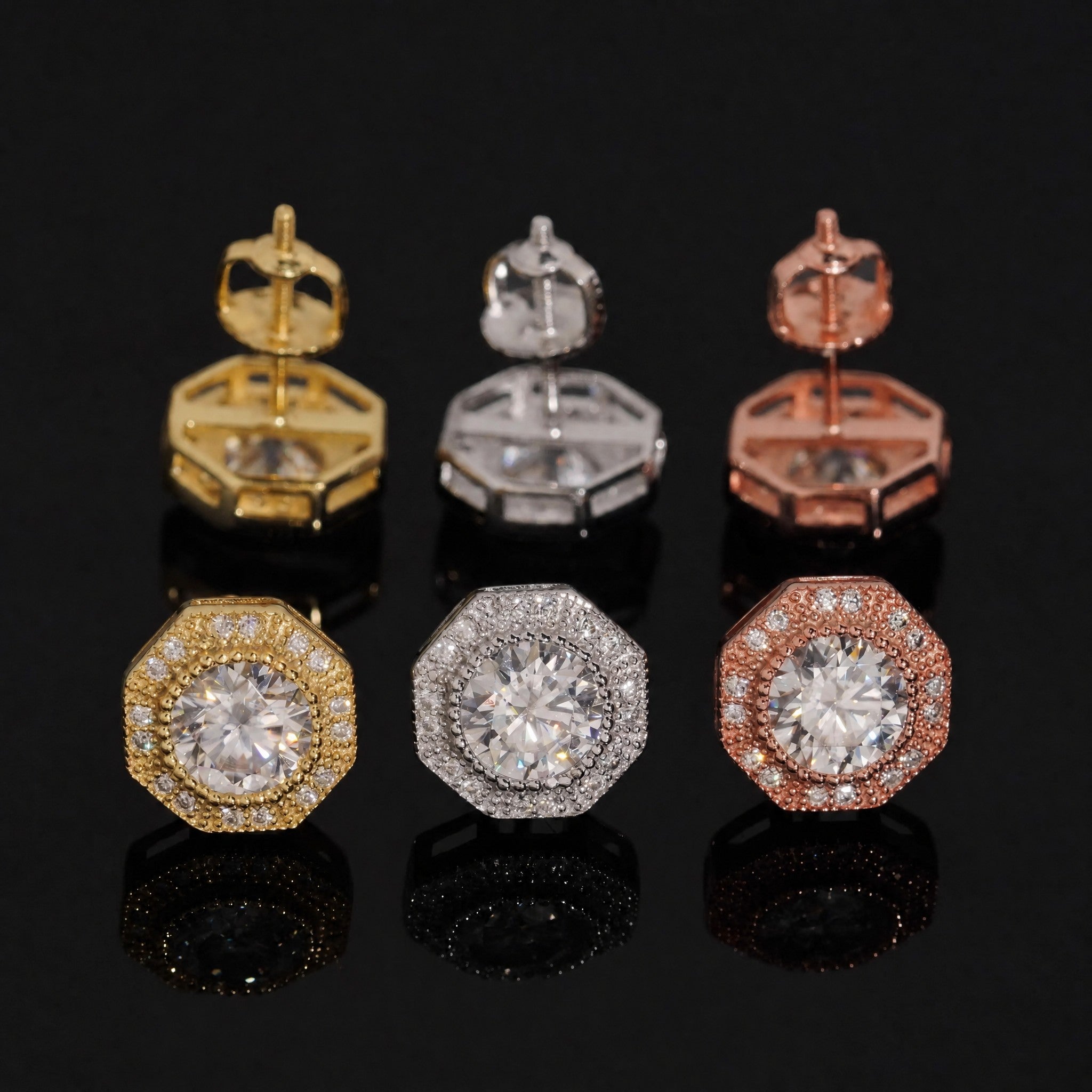 Petey's jewelry moissanite stud earrings in gold, silver, and rose gold plating with a round brilliant cut design.