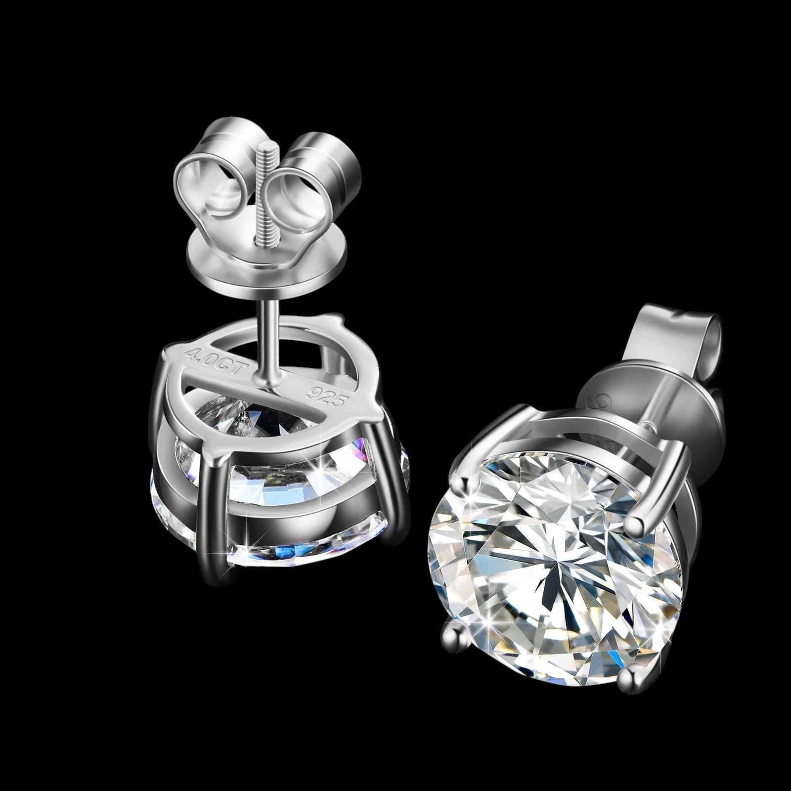 Petey's jewelry 925 sterling silver stud earrings featuring round brilliant cut VVS moissanite stones with screw backs.