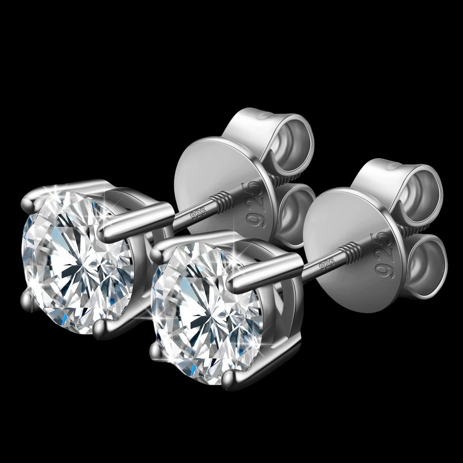 Petey's jewelry round brilliant cut VVS moissanite stud earrings in 925 sterling silver with secure screw backs
