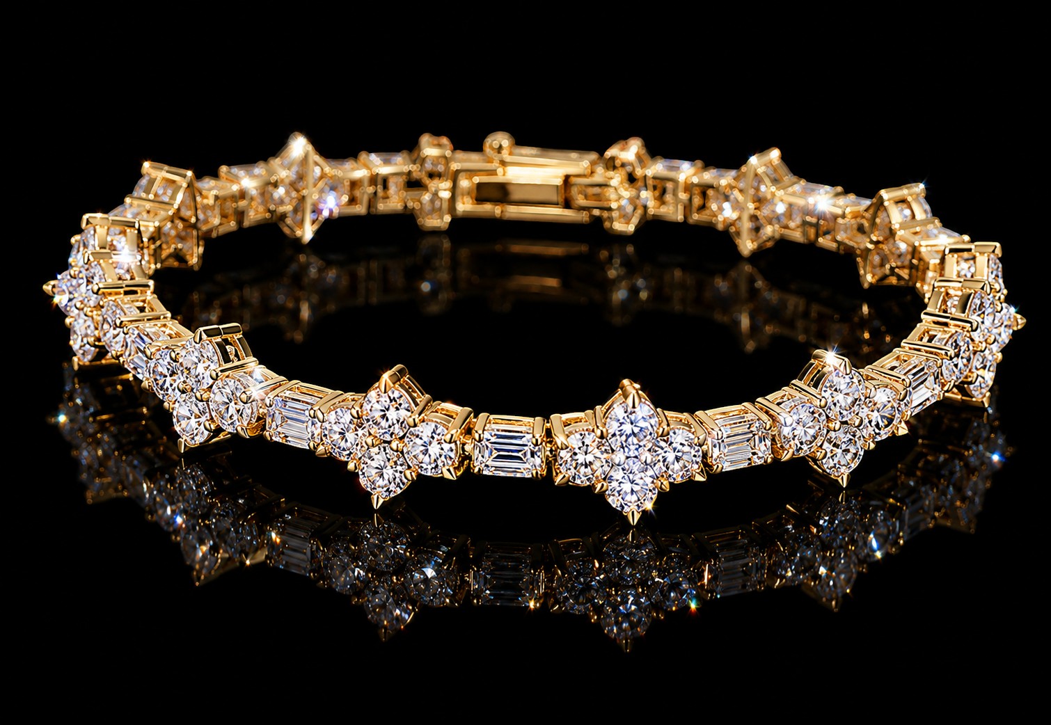 Petey's jewelry gold-plated sterling silver tennis chain featuring sparkling round and baguette-cut VVS1 moissanite stones.