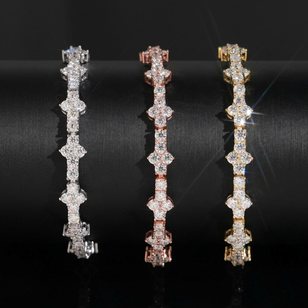 Petey's jewelry 925 sterling silver moissanite tennis chains in silver, rose gold, and gold finishes with floral links.