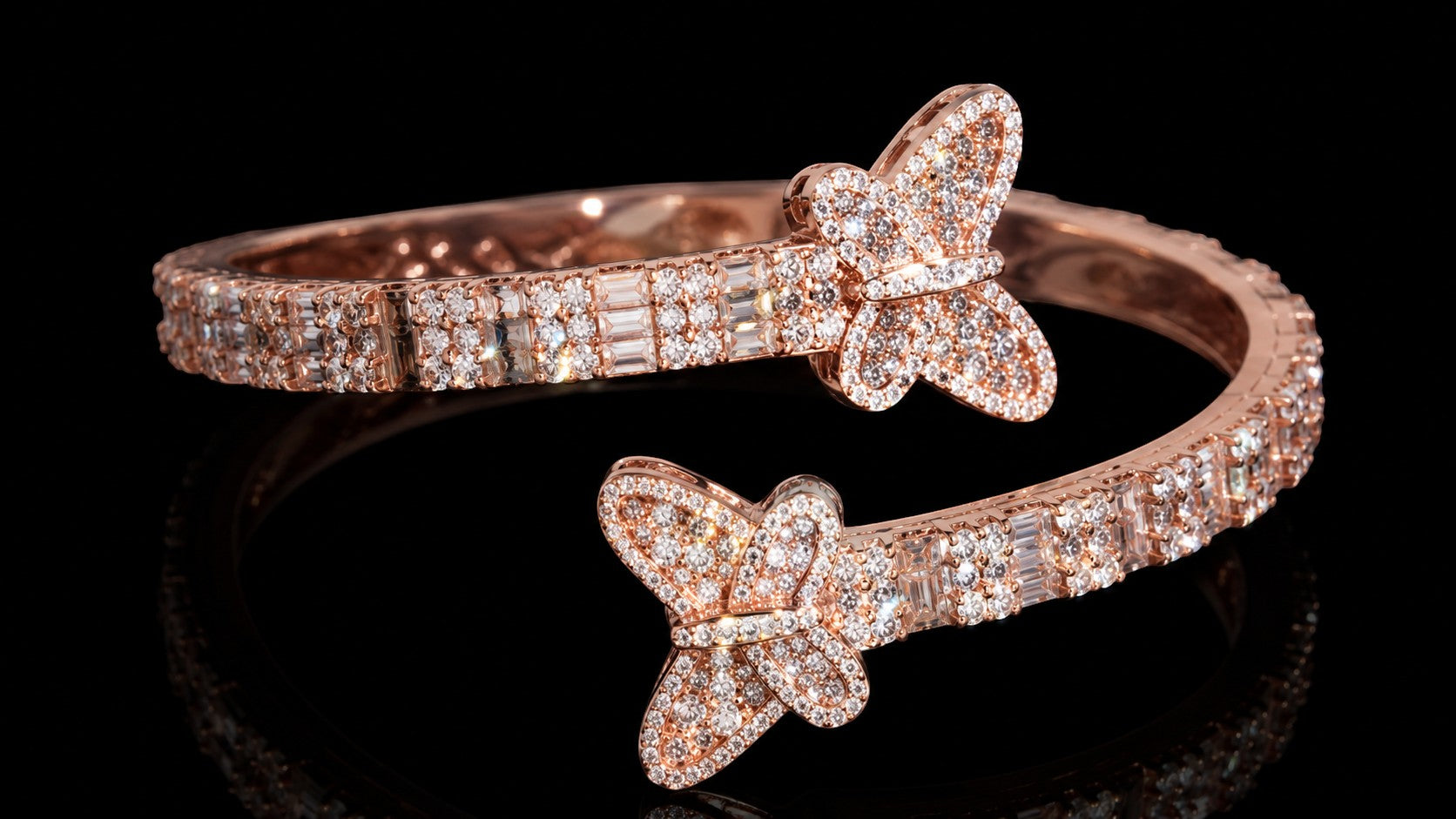 Petey's jewelry rose gold plated 925 sterling silver butterfly bangle with emerald cut VVS moissanite stones.