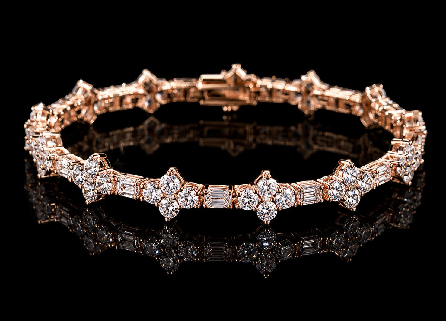 Petey's jewelry rose gold tennis bracelet featuring round and baguette cut moissanite stones in a claw setting
