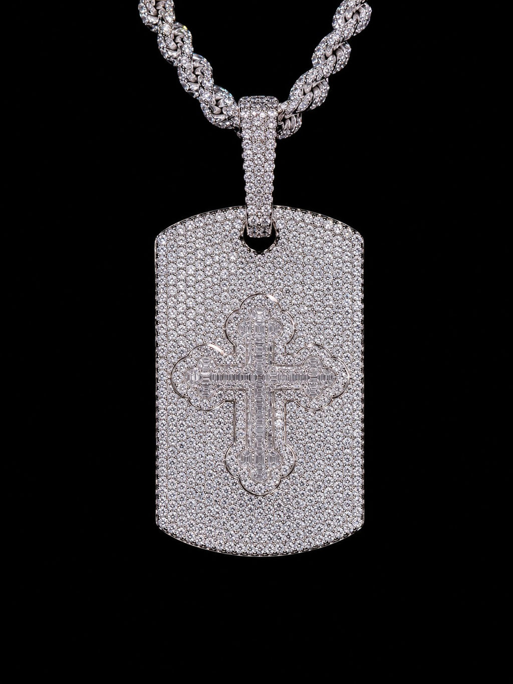 Petey's jewelry hip hop dog tag pendant featuring a central cross design, crafted in 925 silver with VVS moissanite.