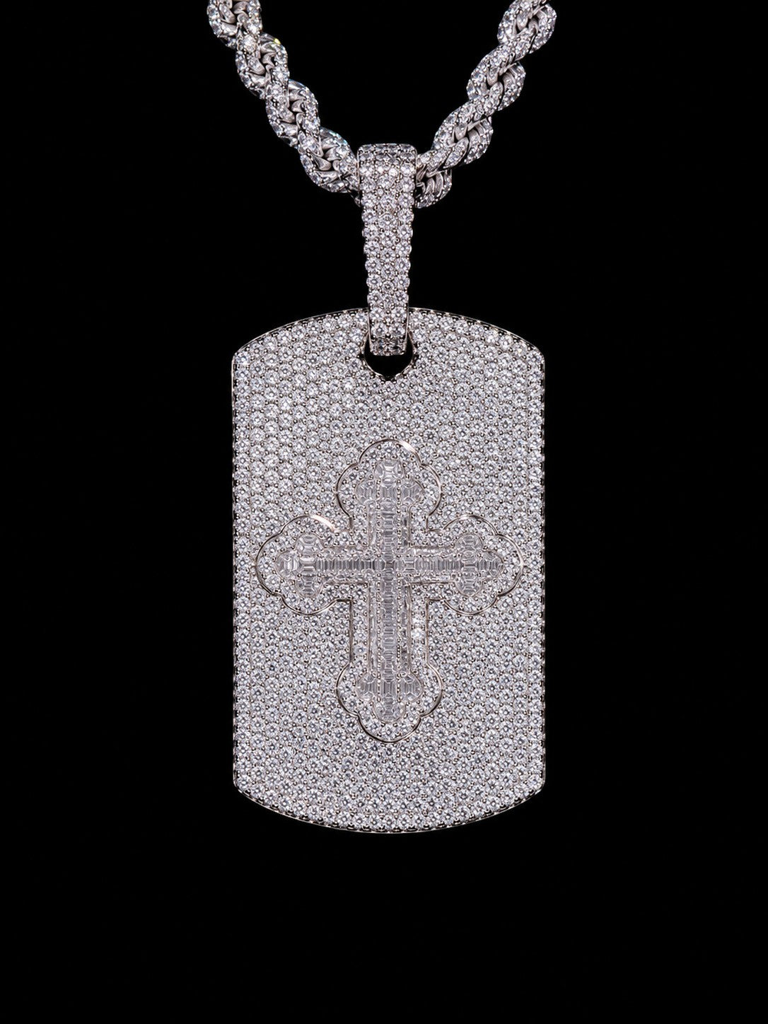 Petey's jewelry hip hop dog tag pendant featuring a central cross design, crafted in 925 silver with VVS moissanite.
