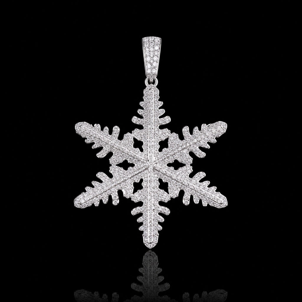 Petey's jewelry iced-out snowflake pendant in 925 sterling silver with sparkling VVS D moissanite stones.