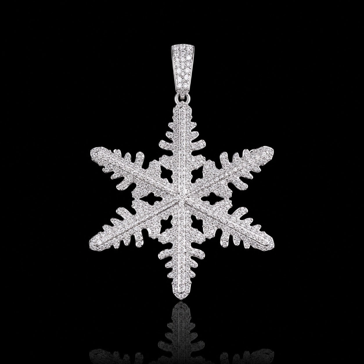 Petey's jewelry iced-out snowflake pendant in 925 sterling silver with sparkling VVS D moissanite stones.