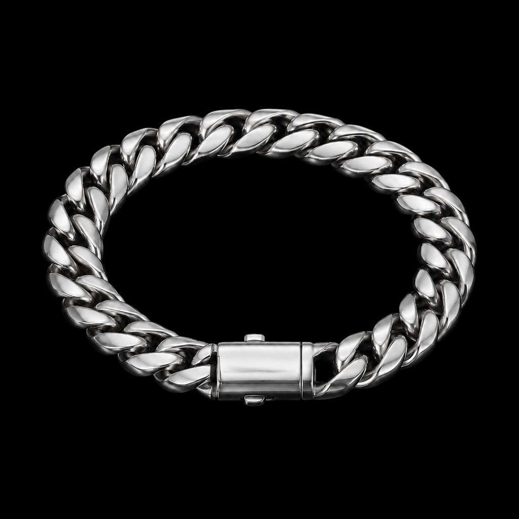 Petey's jewelry silver-tone stainless steel Miami Cuban link chain bracelet with a secure box clasp closure.
