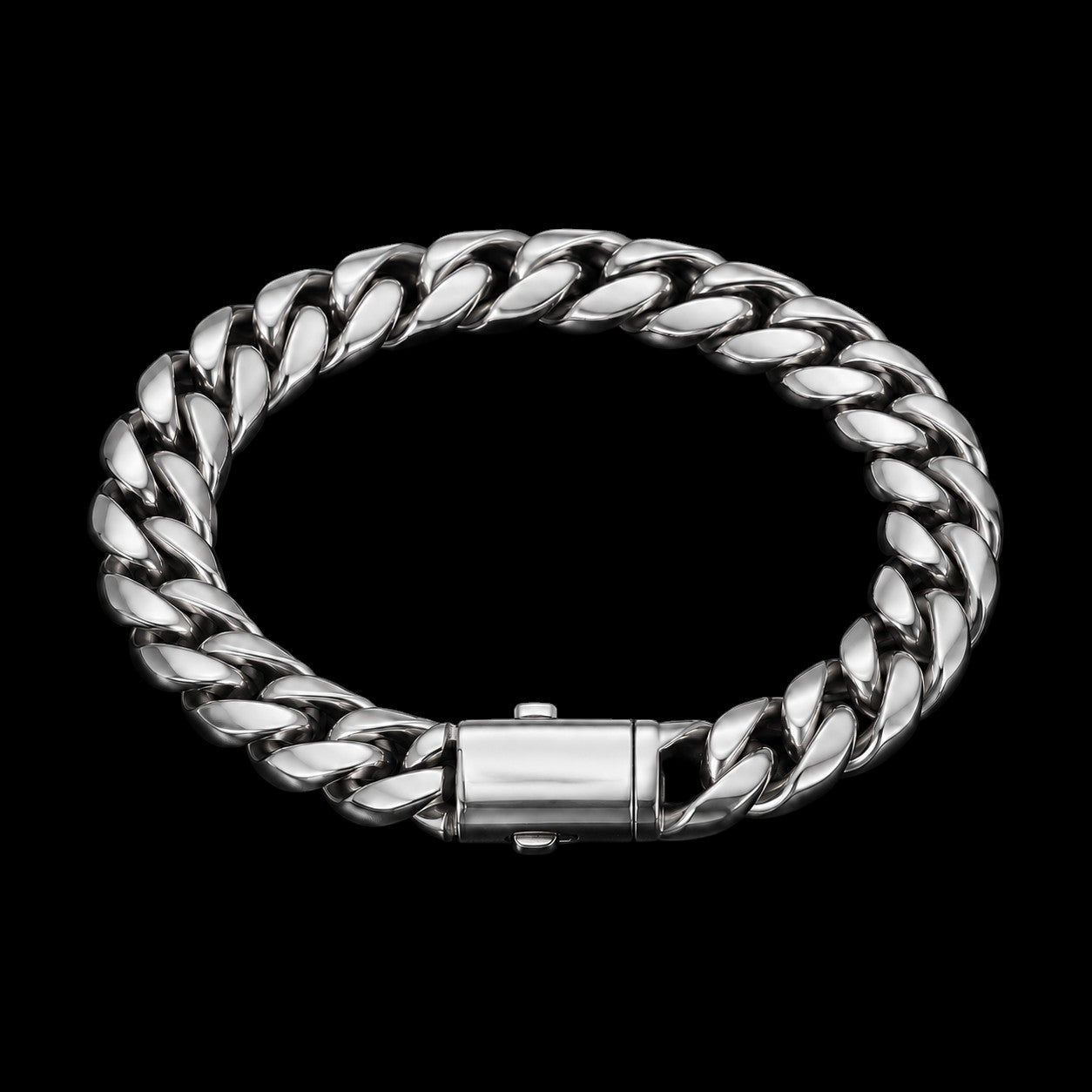 Petey's jewelry silver-tone stainless steel Miami Cuban link chain bracelet with a secure box clasp closure.