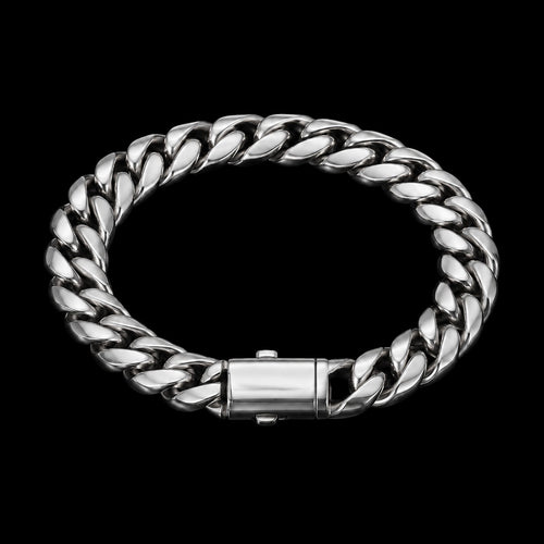 Petey's jewelry silver-tone stainless steel Miami Cuban link chain bracelet with a secure box clasp closure.