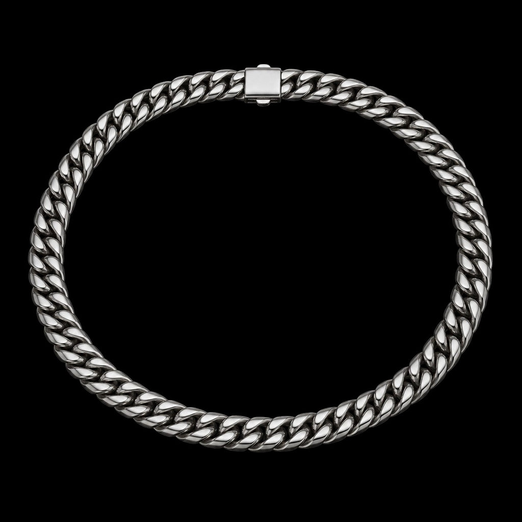 Petey's jewelry stainless steel Miami Cuban link chain necklace with a polished silver finish on a black background.