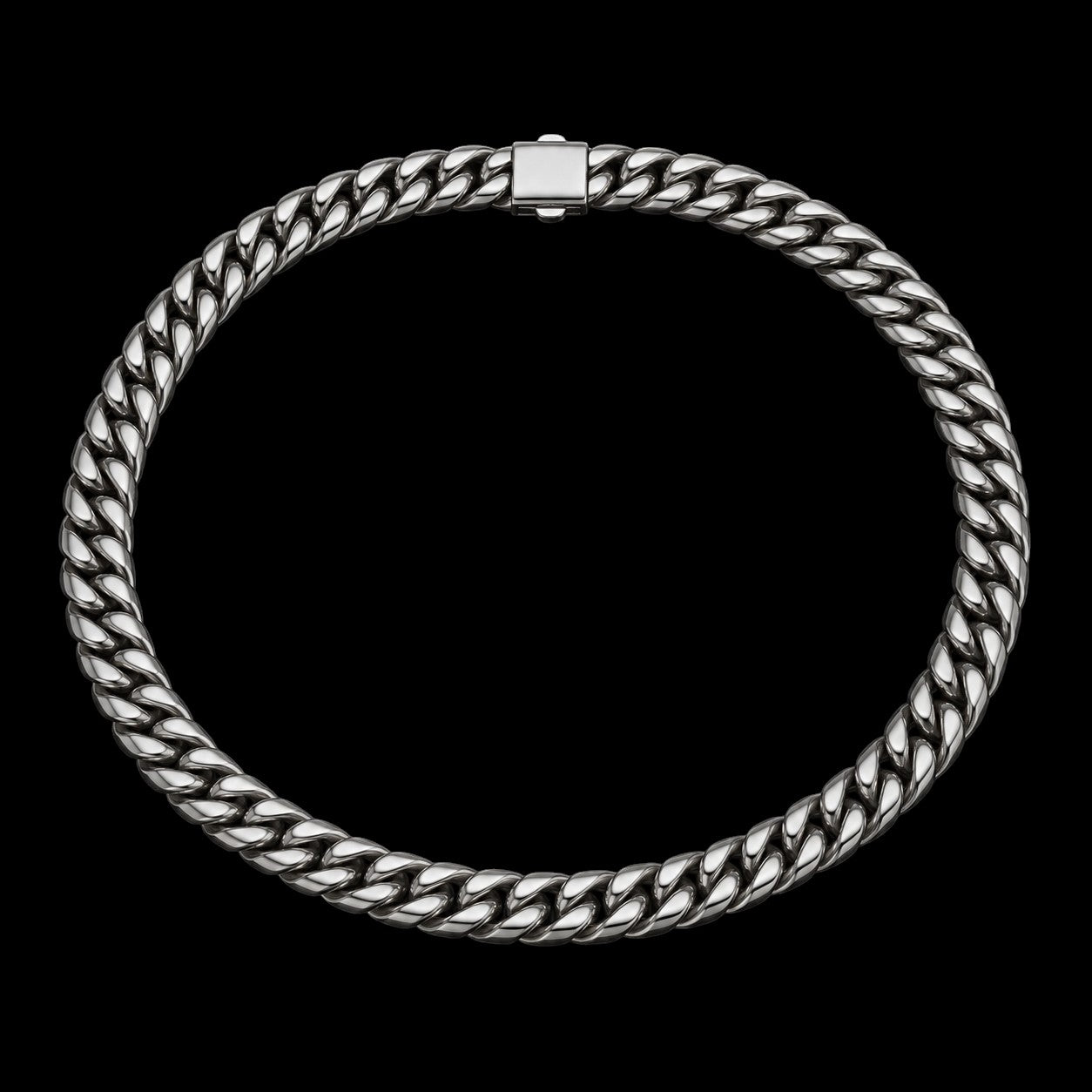 Petey's jewelry stainless steel Miami Cuban link chain necklace with a polished silver finish on a black background.